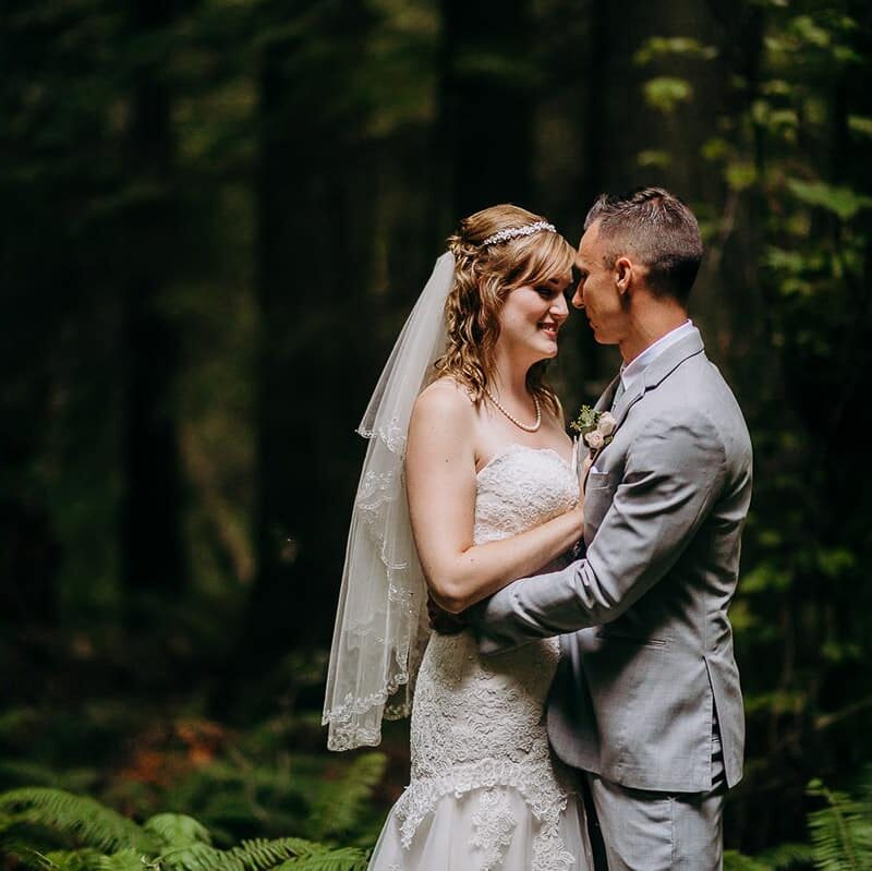 bride and groom portrait in the forest