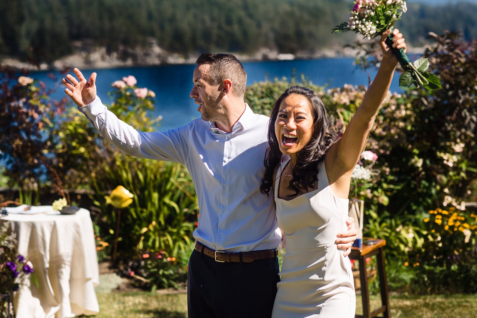 Bride and groom as they walk down the aisle in happiness once they are officially married