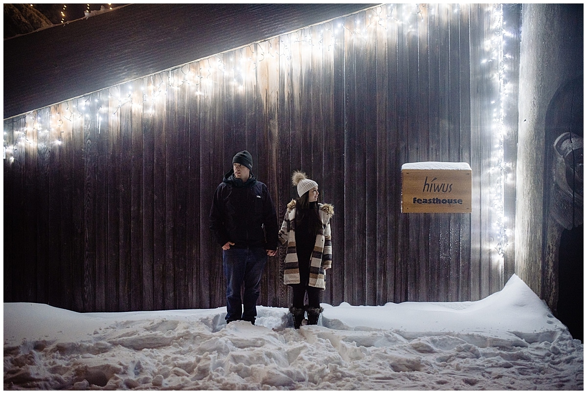 Kayla Reece surprise Proposal, Newly engaged couple pose in front of the Hiwus Feasthouse on Grouse Mountain
