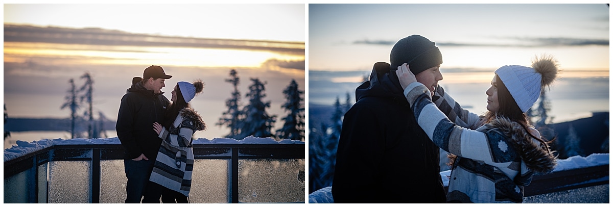 Kayla Reece Engagement Proposal, Kayla and Reece pose at sunset as she fixes his touque on Grouse Mountain in preparation for a surprise proposal