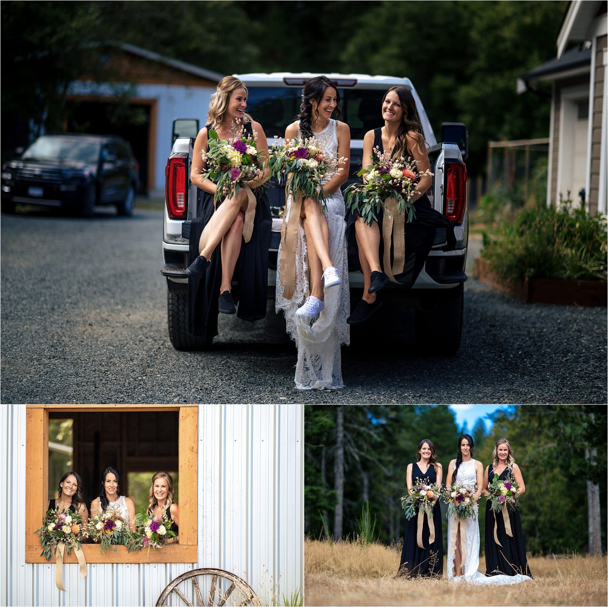 bride sits on the tailgate of a white truck laughing with her bridesmaids during a moment of downtime during her western wedding in parksville bc