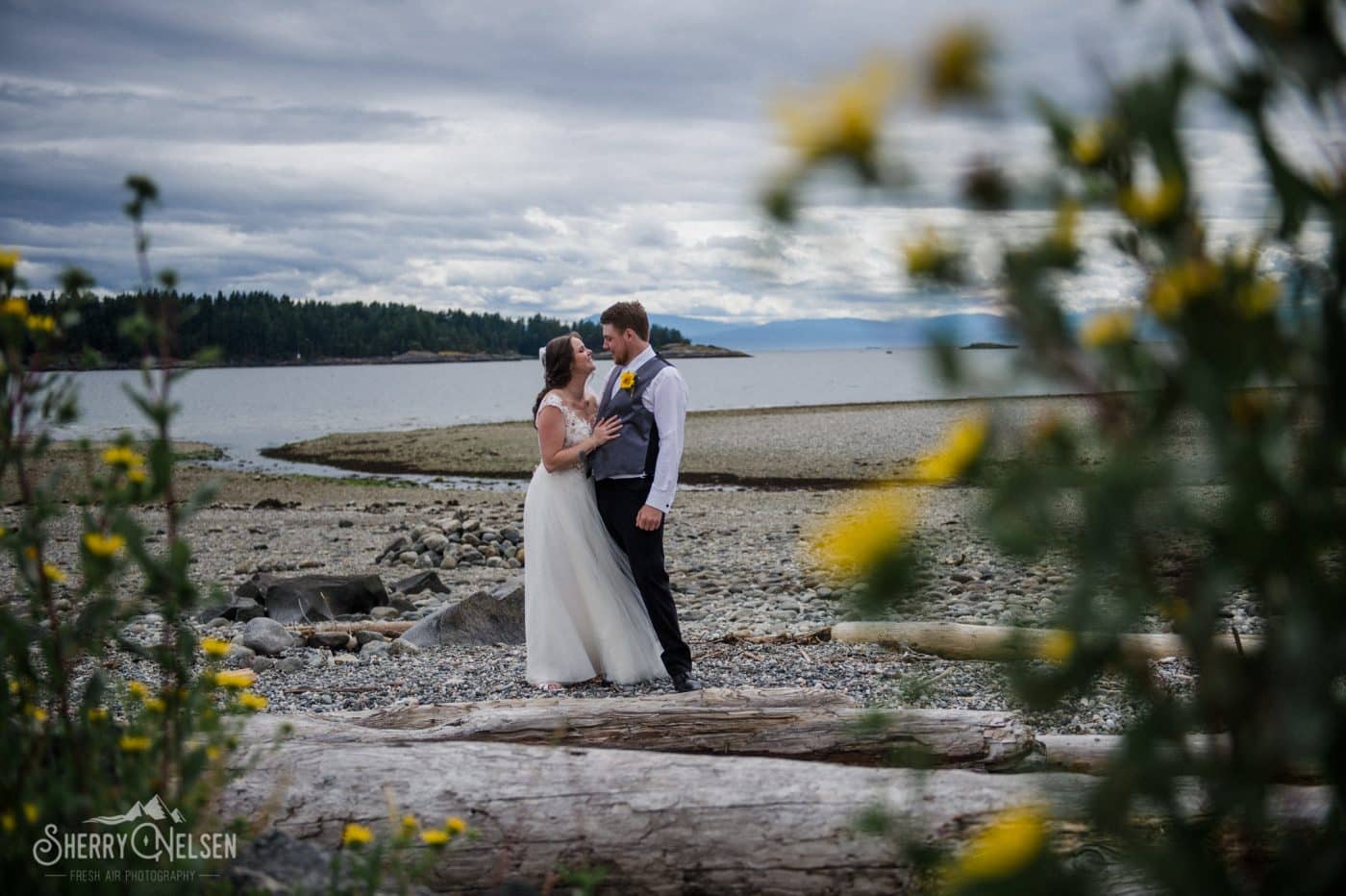 Shane and Shelby pose on the beach on driftwood logs for their Sechelt BC wedding