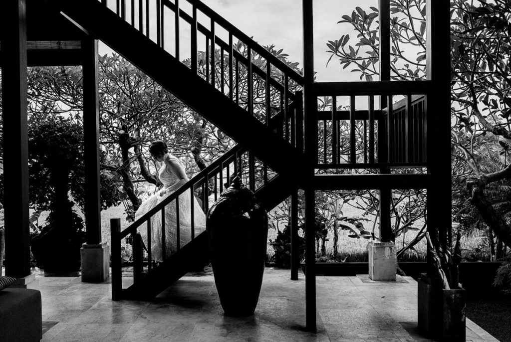 Bride heads downstairs for first look in Bali