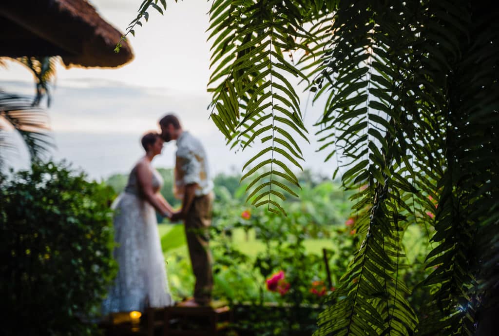 Bride and groom through palm fronds in Bali