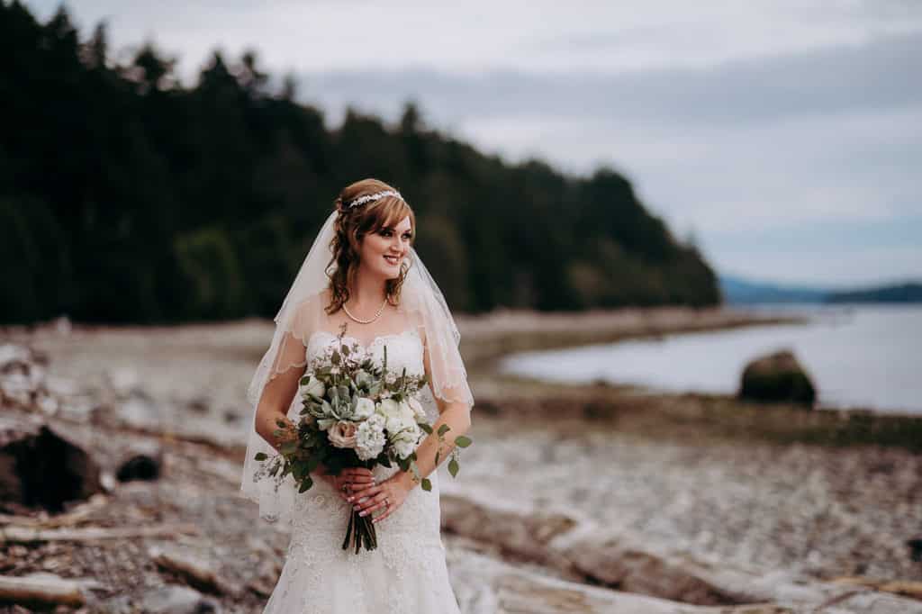bride portrait on the beach, Chaster House Sunshine Coast wedding at Gibsons BC