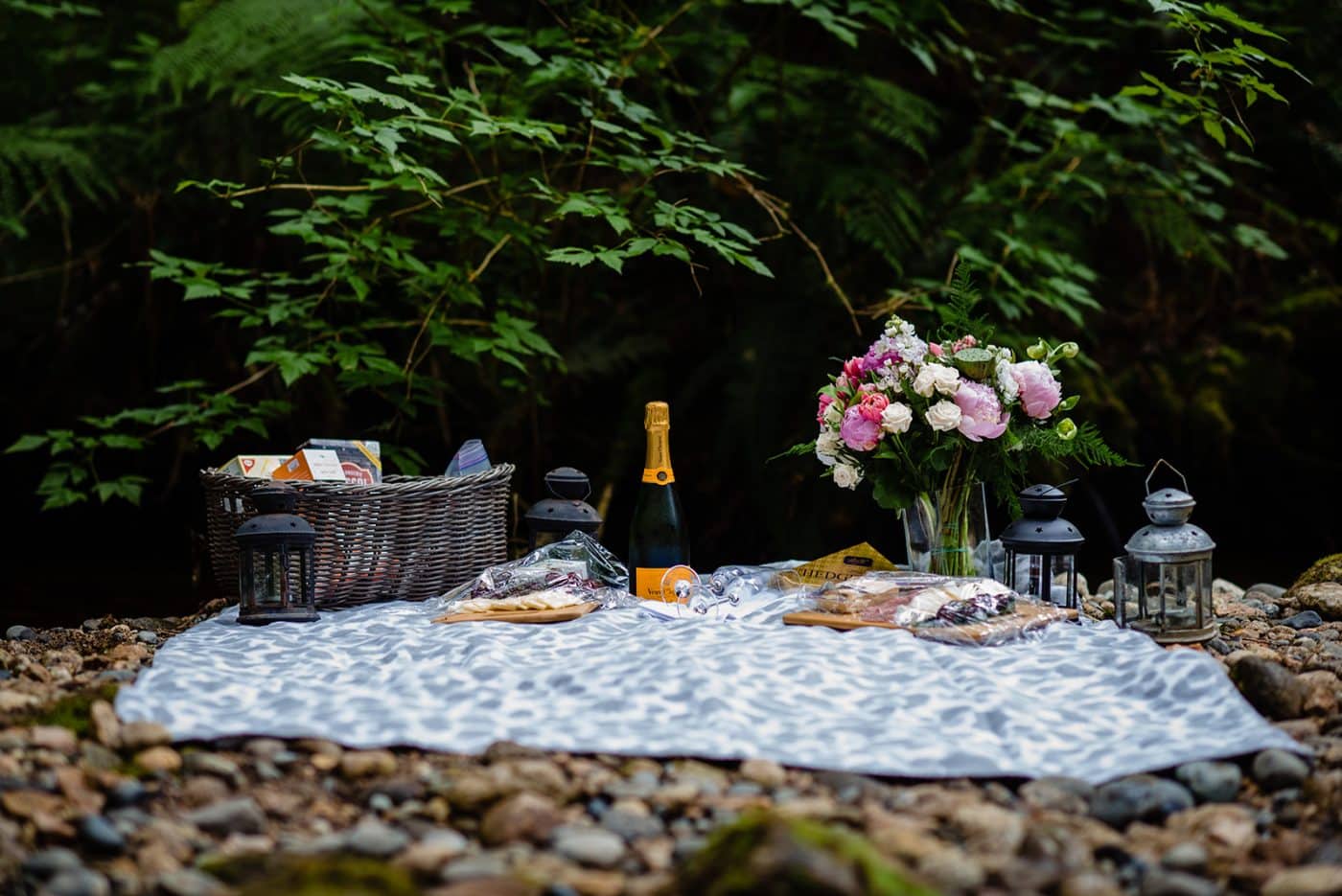 a romantic forest picnic set up by professional proposal photographer and fresh air photography in sechelt bc