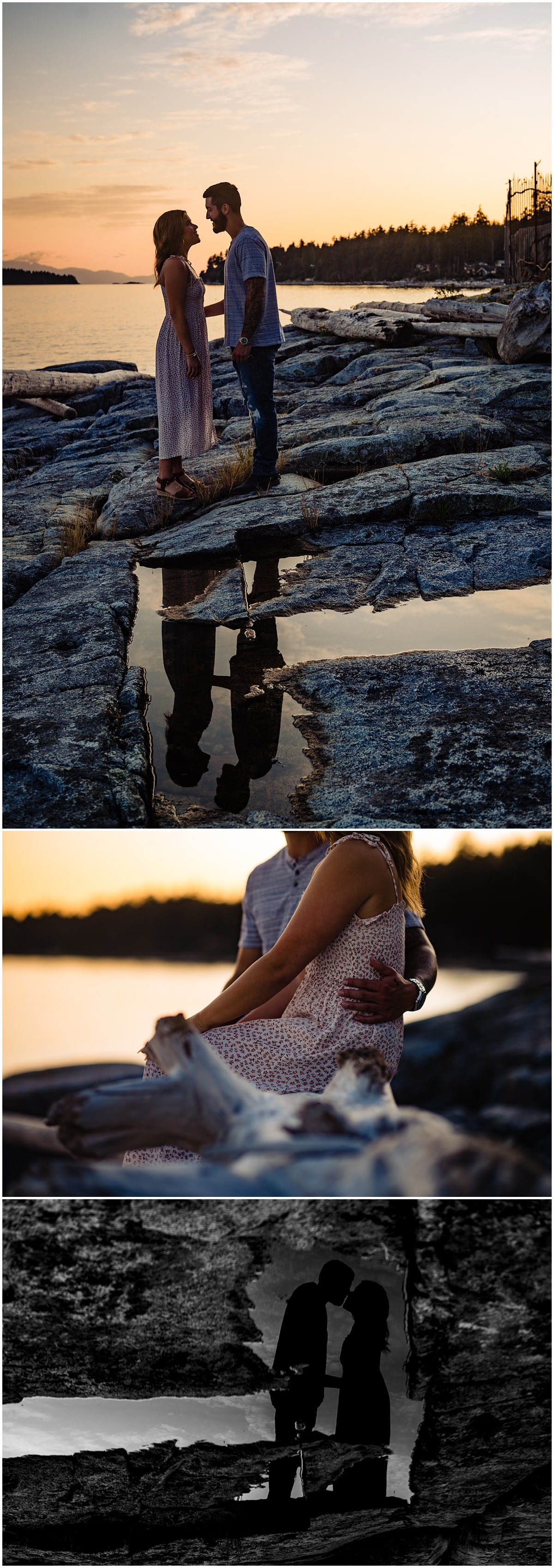 newly engaged couple poses for a reflection photo in the tidal pools at Snicket Park in Sechelt, BC. Images by Sunshine Coast Proposal Photographer Fresh Air Photography