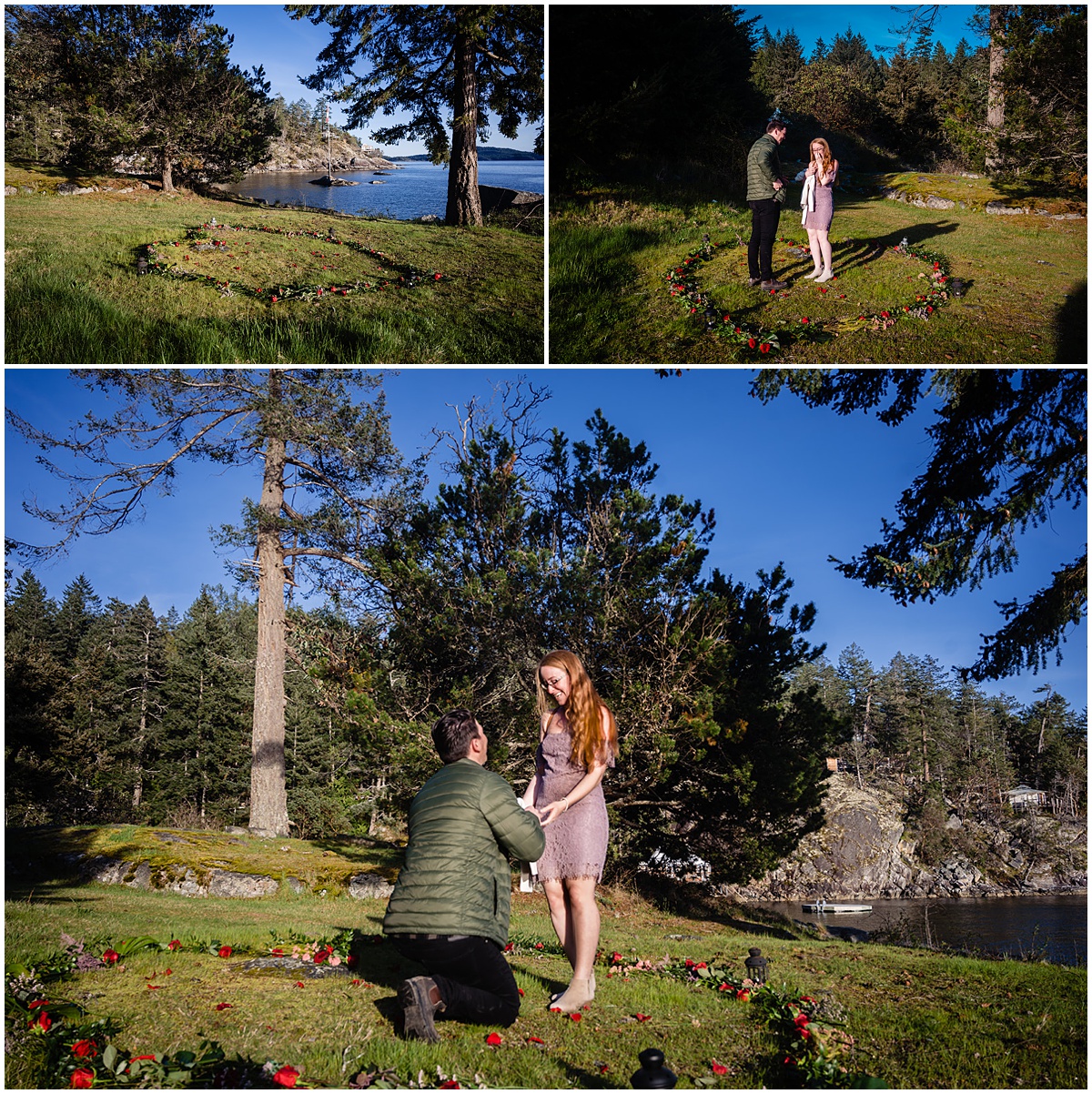 Man gets down on his knee to ask his love to marry him at a scenic lookout point at Rockwater Secret Cove Resort in this proposal story in Sechelt, BC. Images by Fresh Air Photography