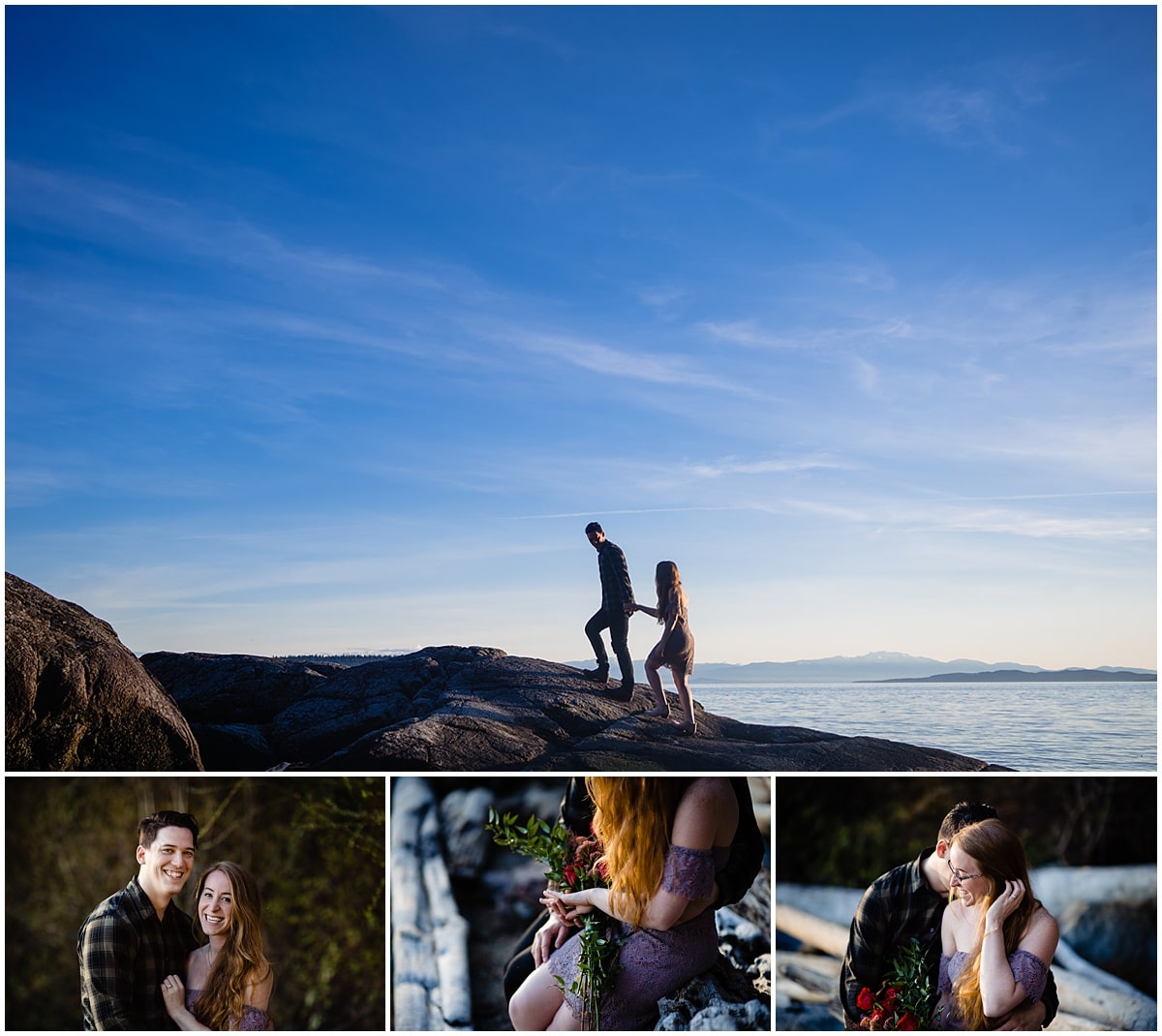 A newly engaged couple explores the rocks around Secret Cove in Sechelt, BC and poses for engagement photographs on the beach