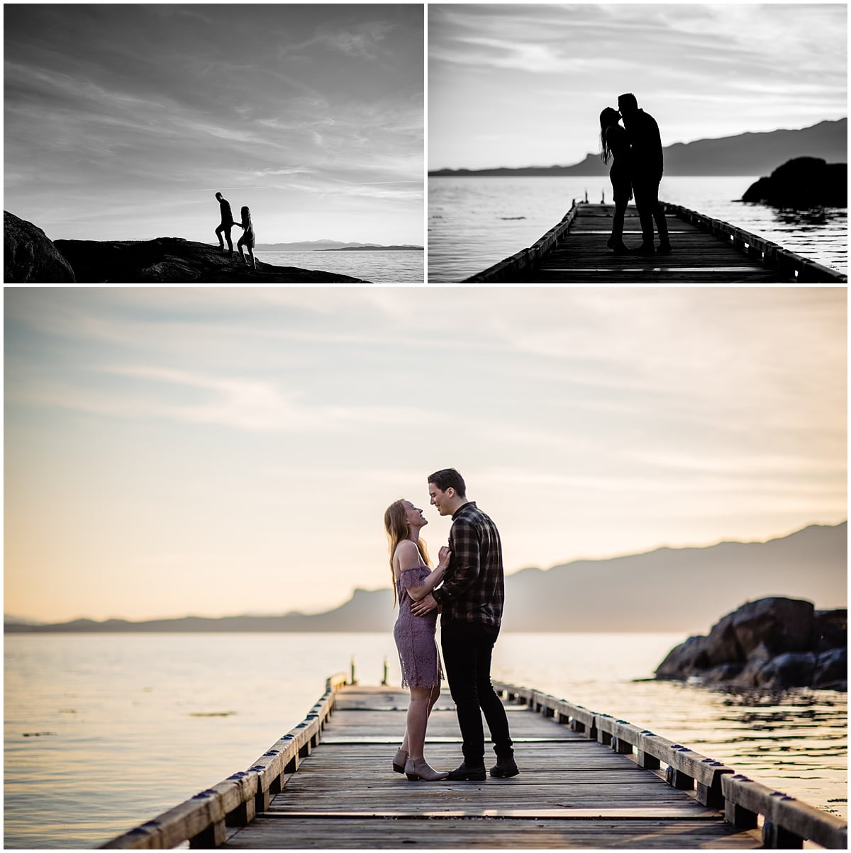 Silhouette images of a newly engaged couple celebrating their love in this seaside proposal story photographed by Sherry Nelsen of Fresh Air Photography
