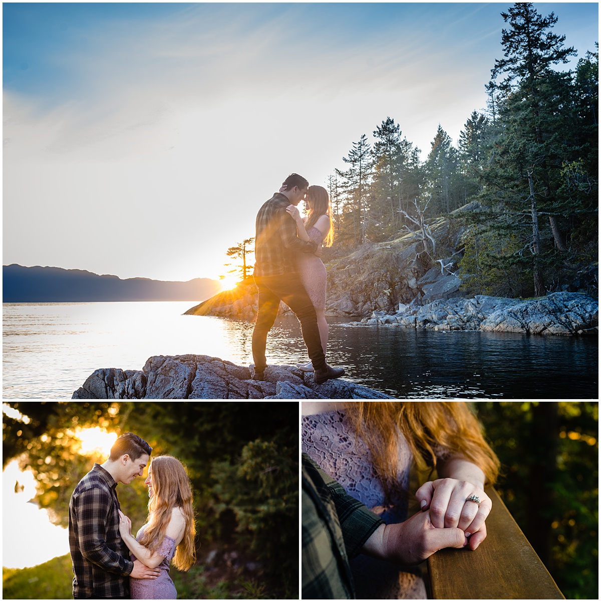 Golden hour portraits of a newly engaged couple enjoying their love beside the ocean at Rockwater Secret Cove Resort