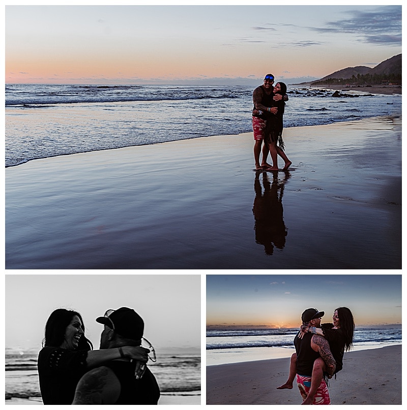 couple pose on beach at sunset in Mexico