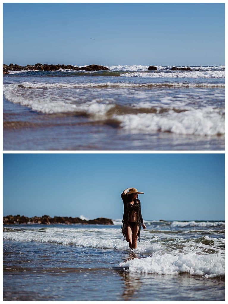 Leah walking on a beach in Troncones amongst the waves