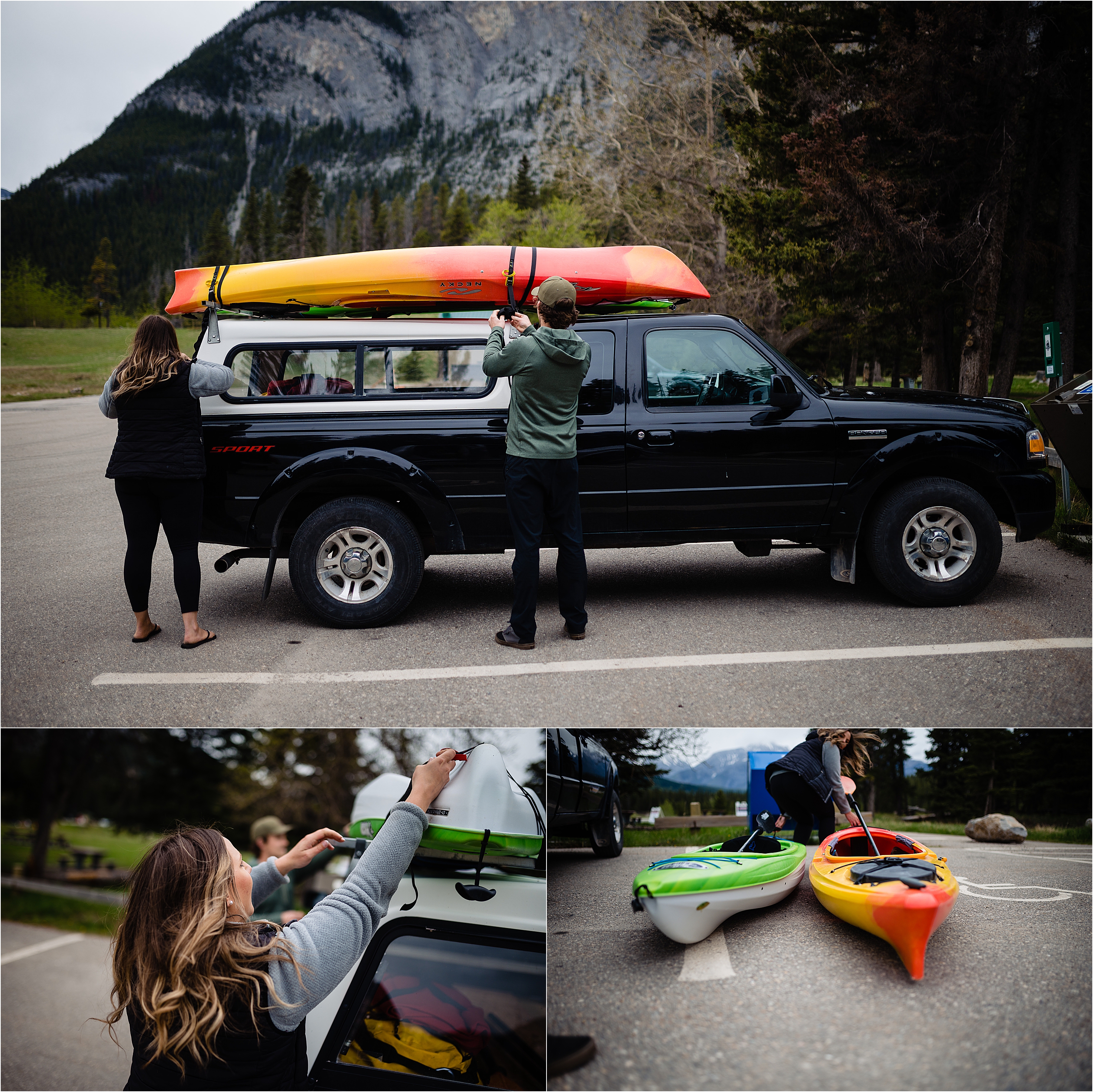 couple take their kayaks off their truck to go kayaking in a lake near Banff for their engagement photos