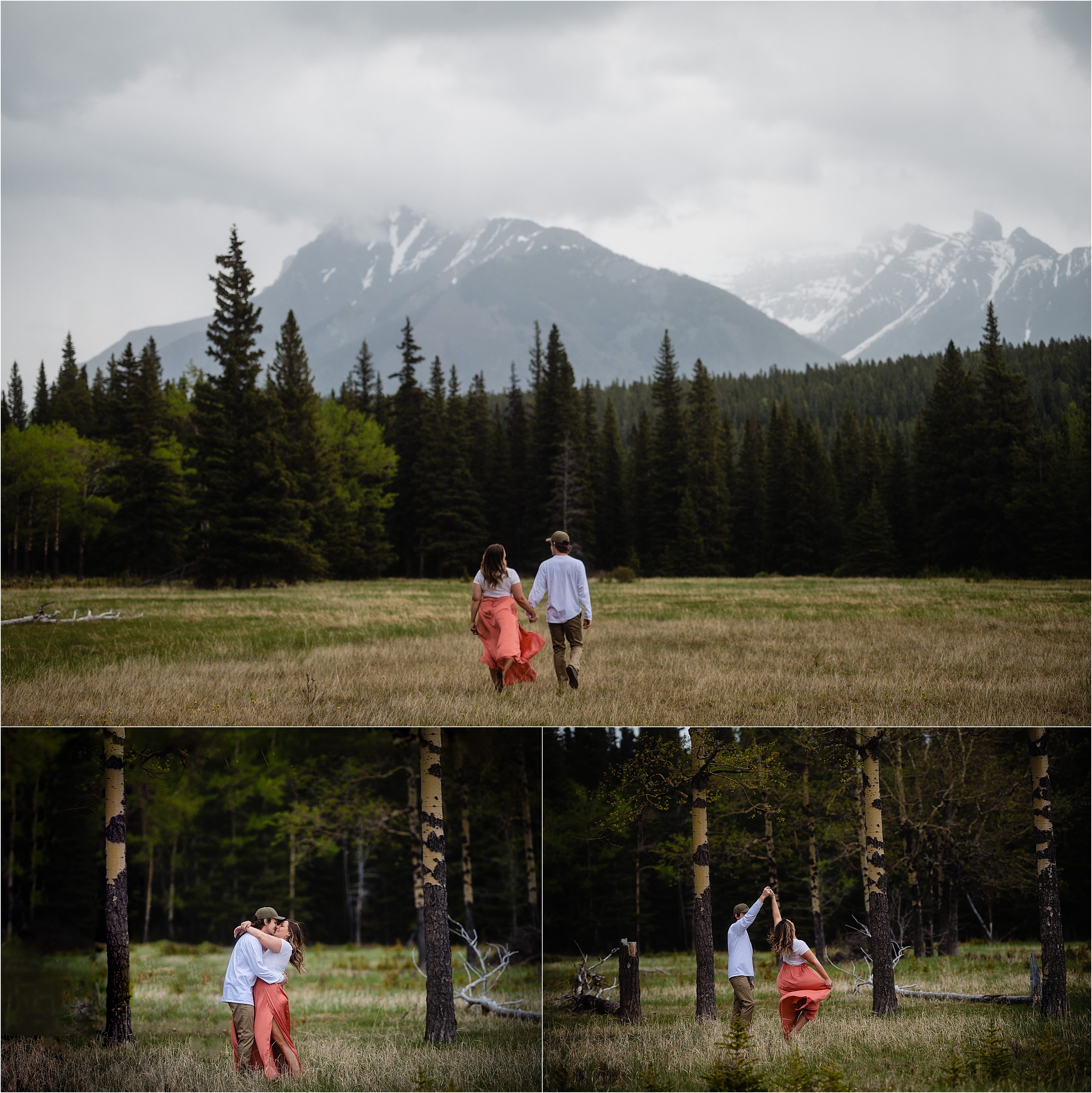 couple stroll in a field for their engagement session, Banff AB