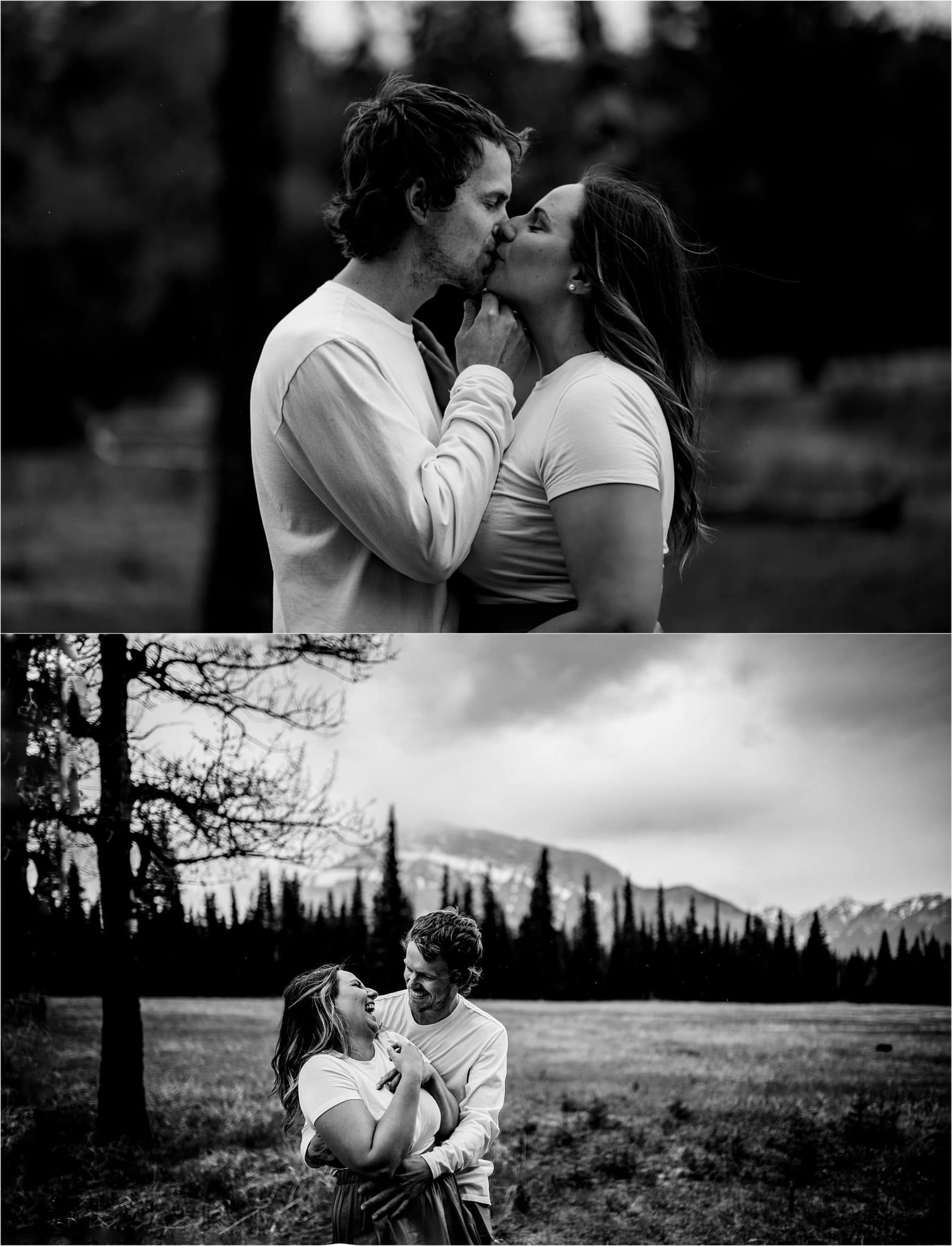 Tim kisses Yvonne for their engagement photo session in Banff