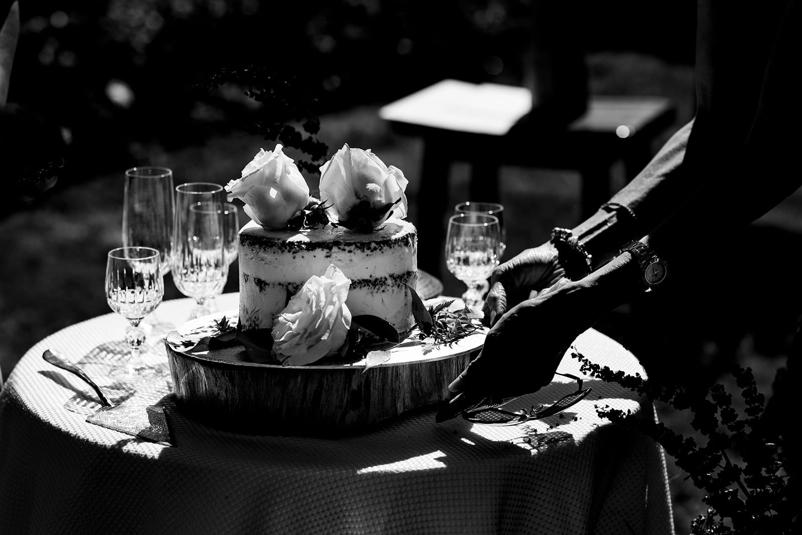 The wedding cake is placed on the table after a wedding