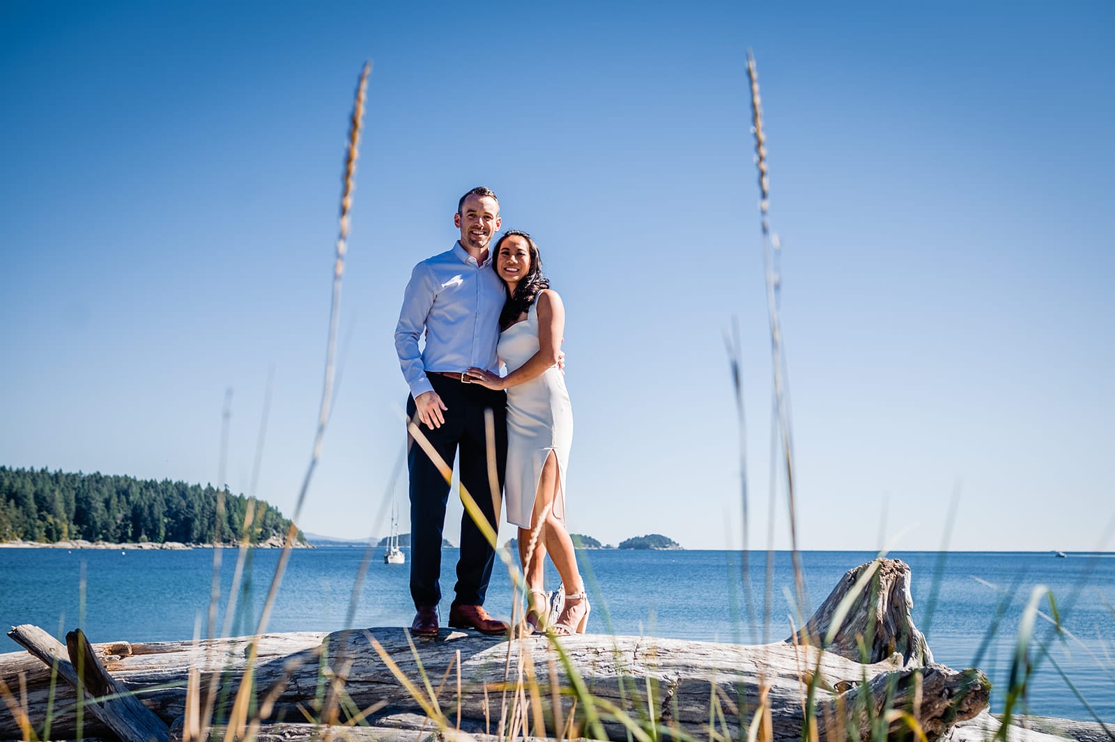 Bride and groom pose for a portrait in front of the ocean, Sargent Bay