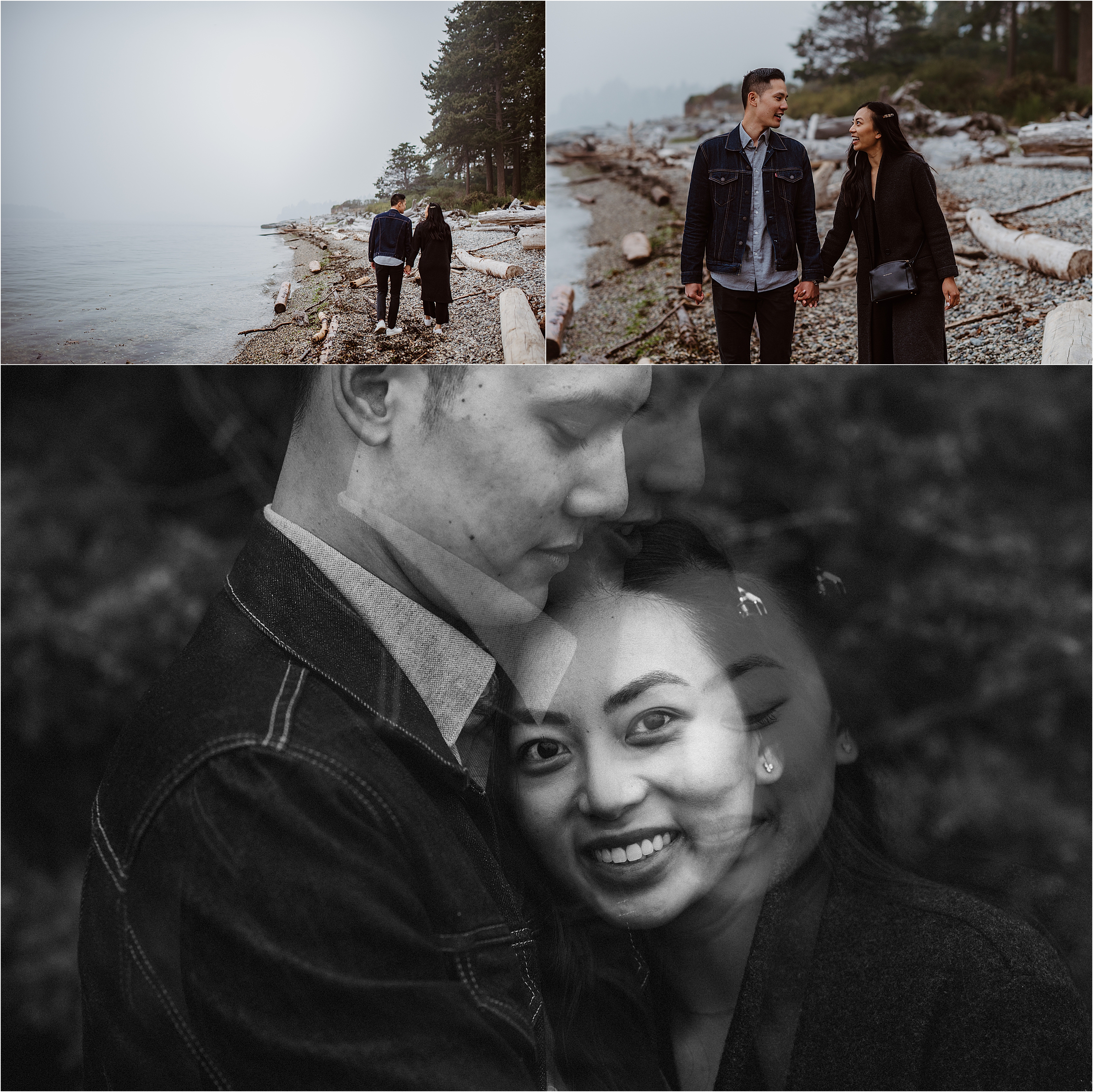 collage of photos of a young couple walking along the beach and newly engaged 