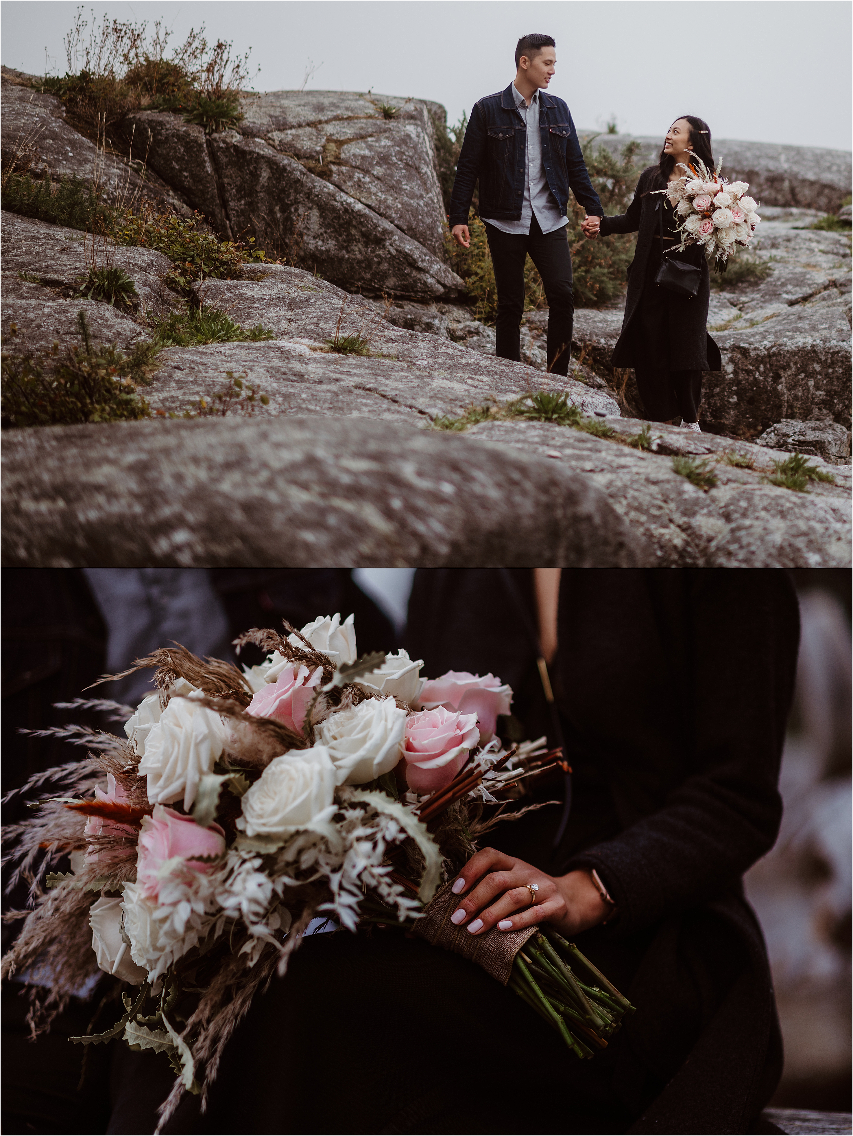 A young couple newly engaged traverse a rocky bluff with a bouquet once the surprise proposal has happened