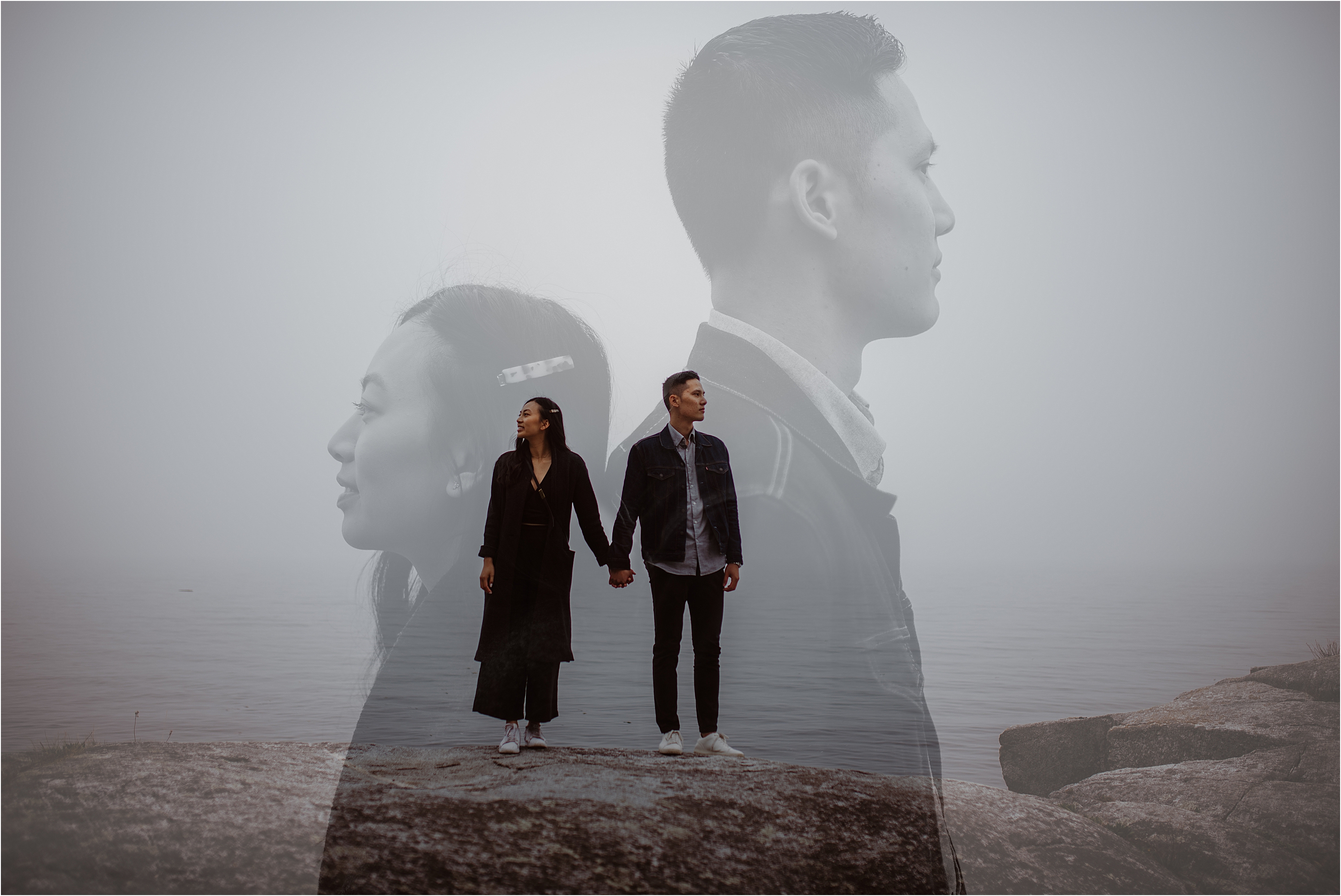 a double exposure of a young couple along the smoky ocean backdrop on the Sunshine Coast