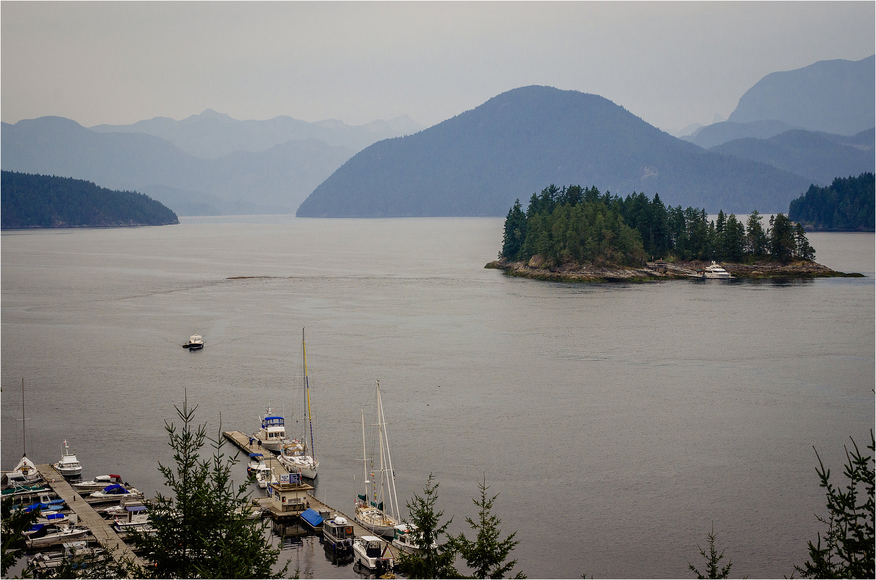 view from the deck of the West Coast Wilderness Lodge to the entrance to sechelt inlet near egmont 