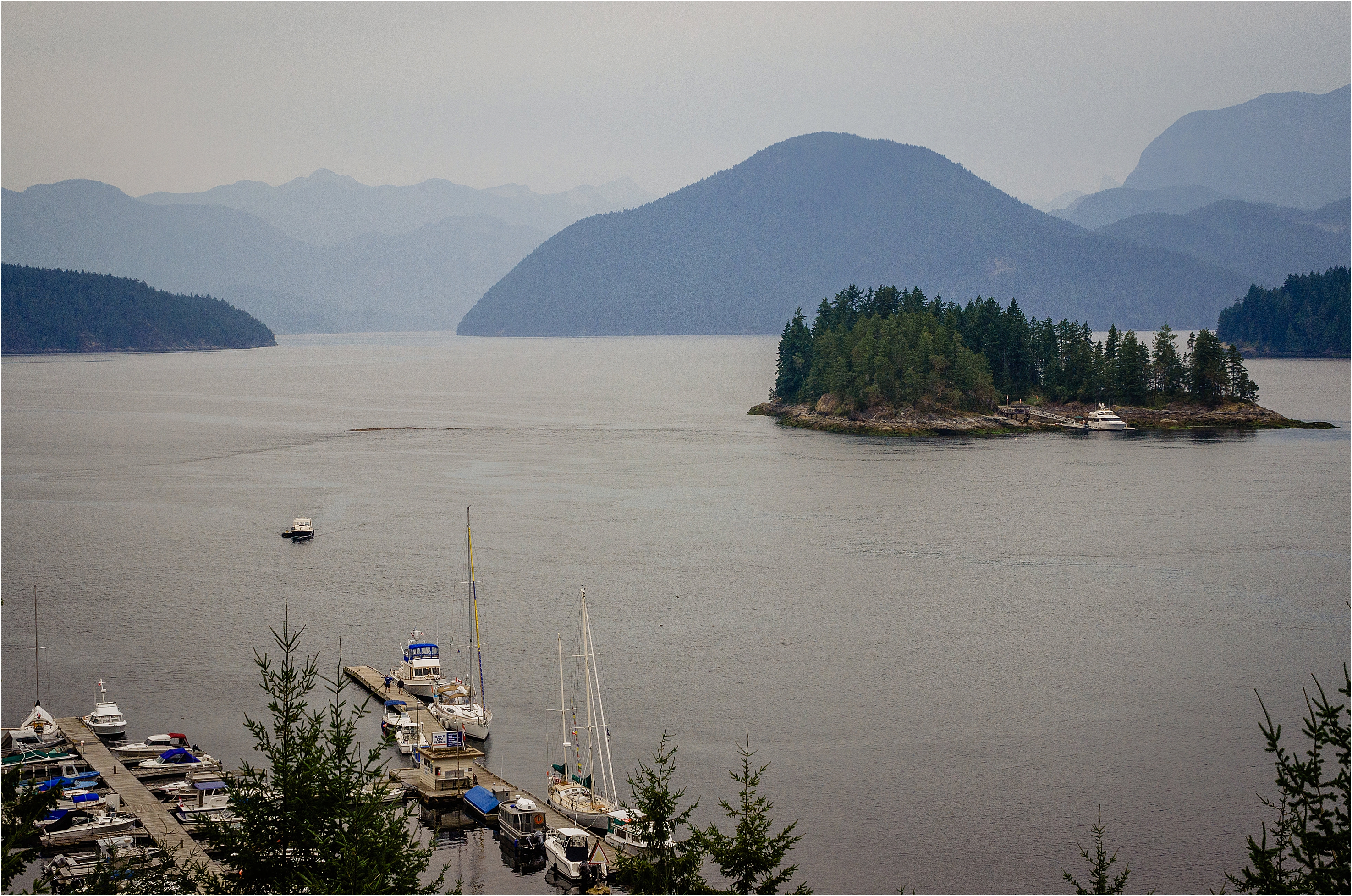 view from the deck of the West Coast Wilderness Lodge to the entrance to sechelt inlet near egmont