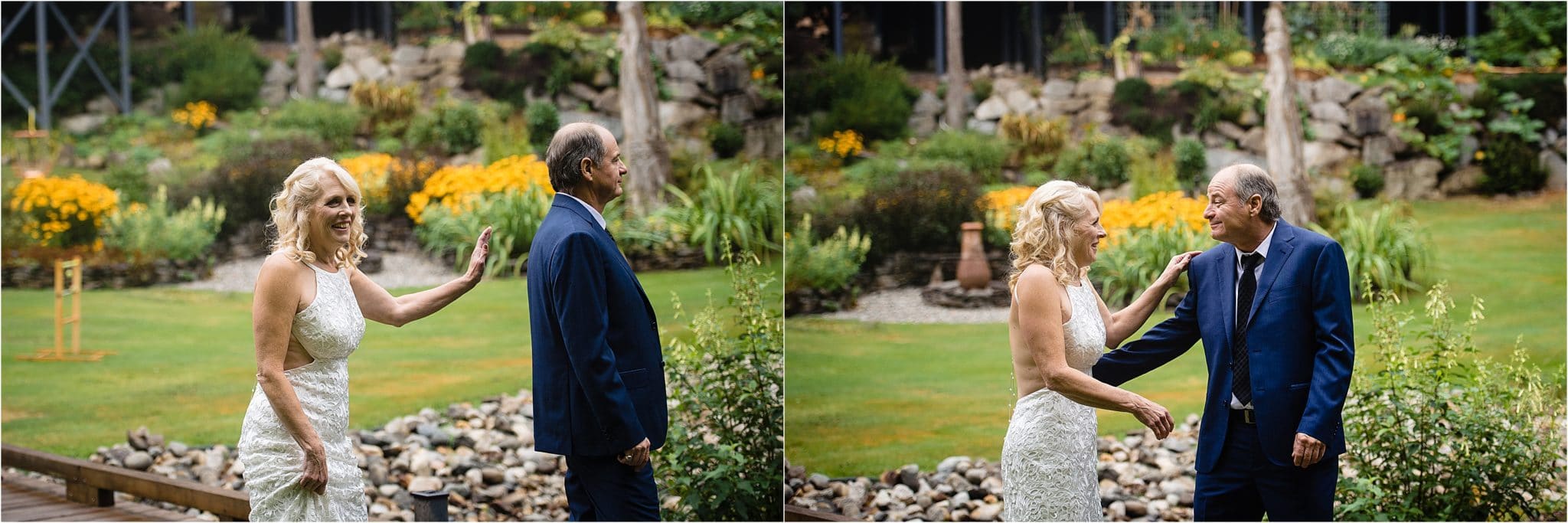 bride sneaks up on groom and he get to have a first look before the wedding ceremony