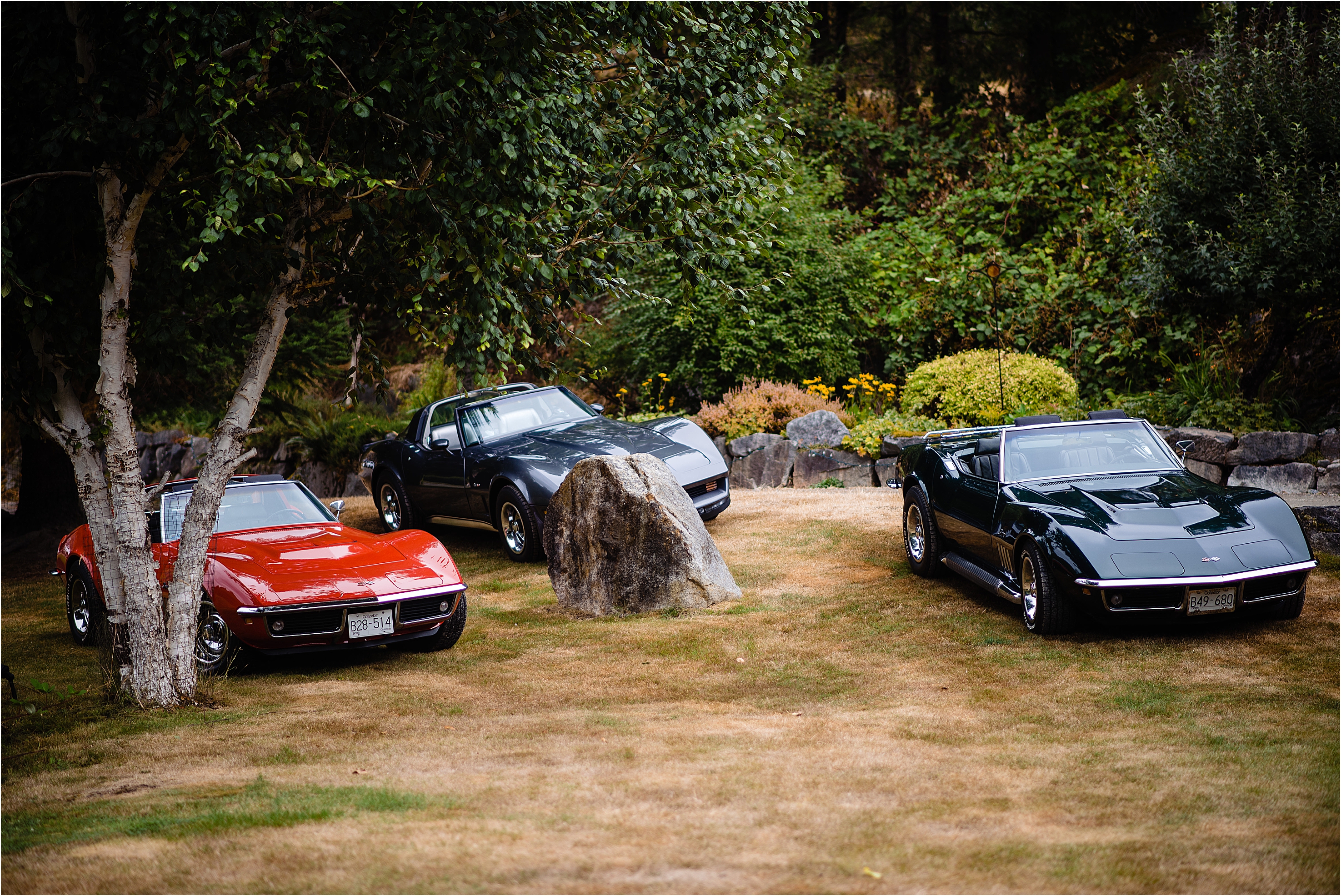 a lineup of vintage corvettes at Valhalla House