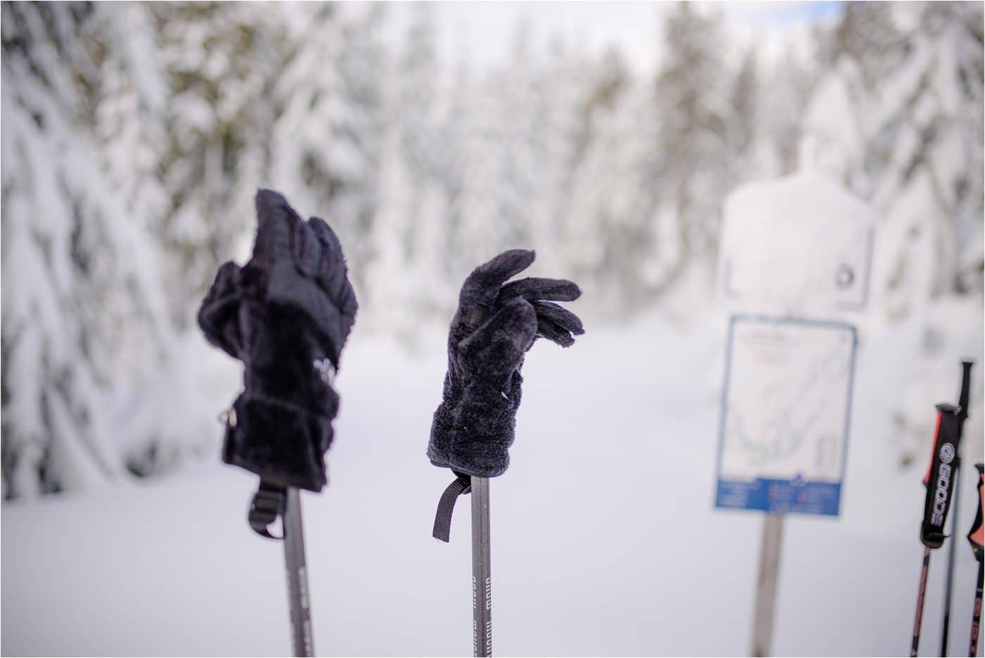 winter gloves on ski poles in the winter snow