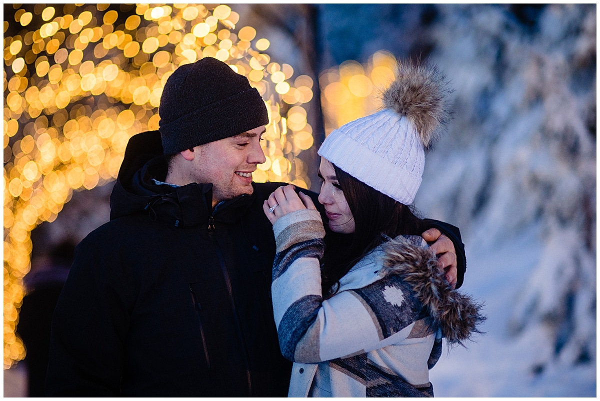 Kayla wipes away a tear of happiness at her Grouse Mountain surprise proposal