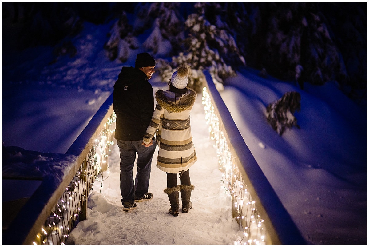 Kayla and Reece take the romantic lighted snow trail around Grouse Mountain