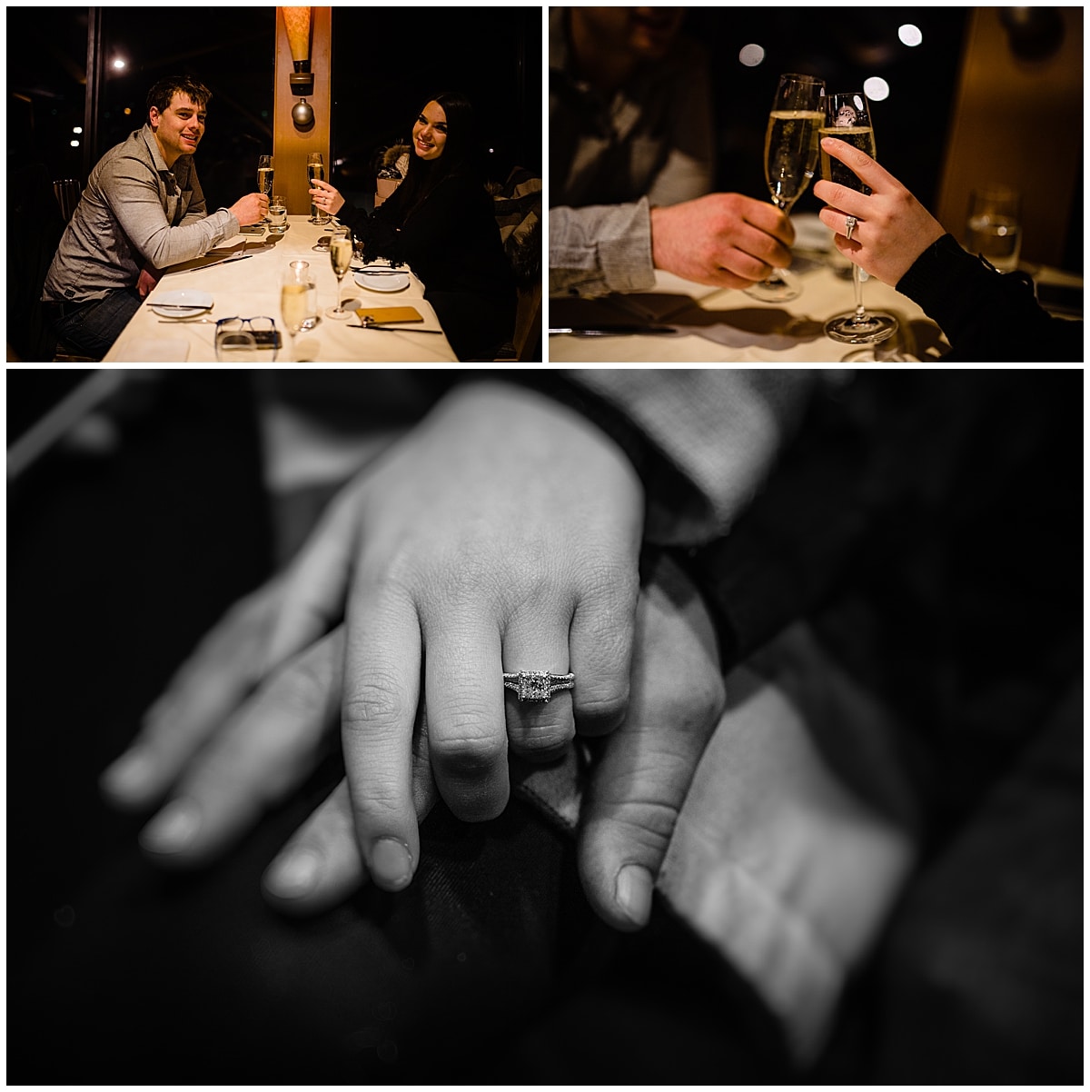 Kayla Reece enjoy their first dinner at the Observatory Restaurant for their Grouse Mountain surprise proposal 