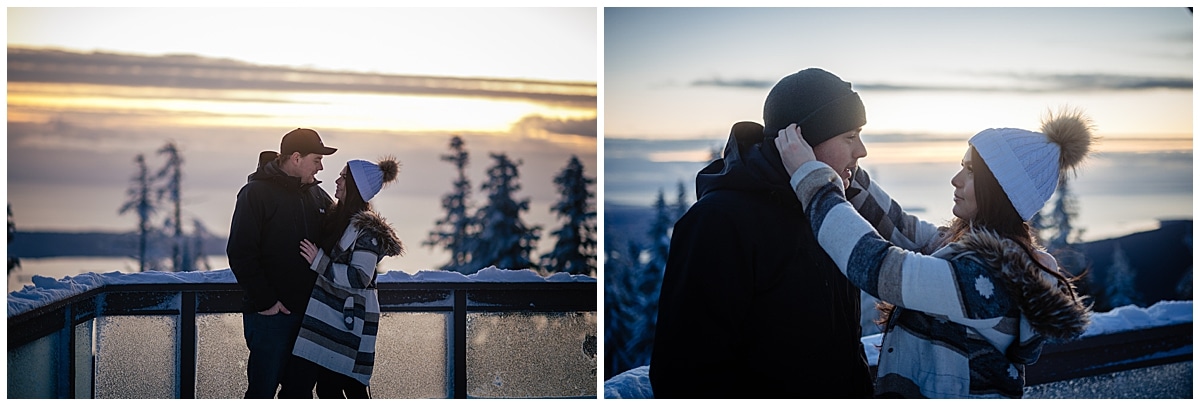 Kayla and Reece pose at sunset as she fixes his touque on Grouse Mountain in preparation for a surprise proposal