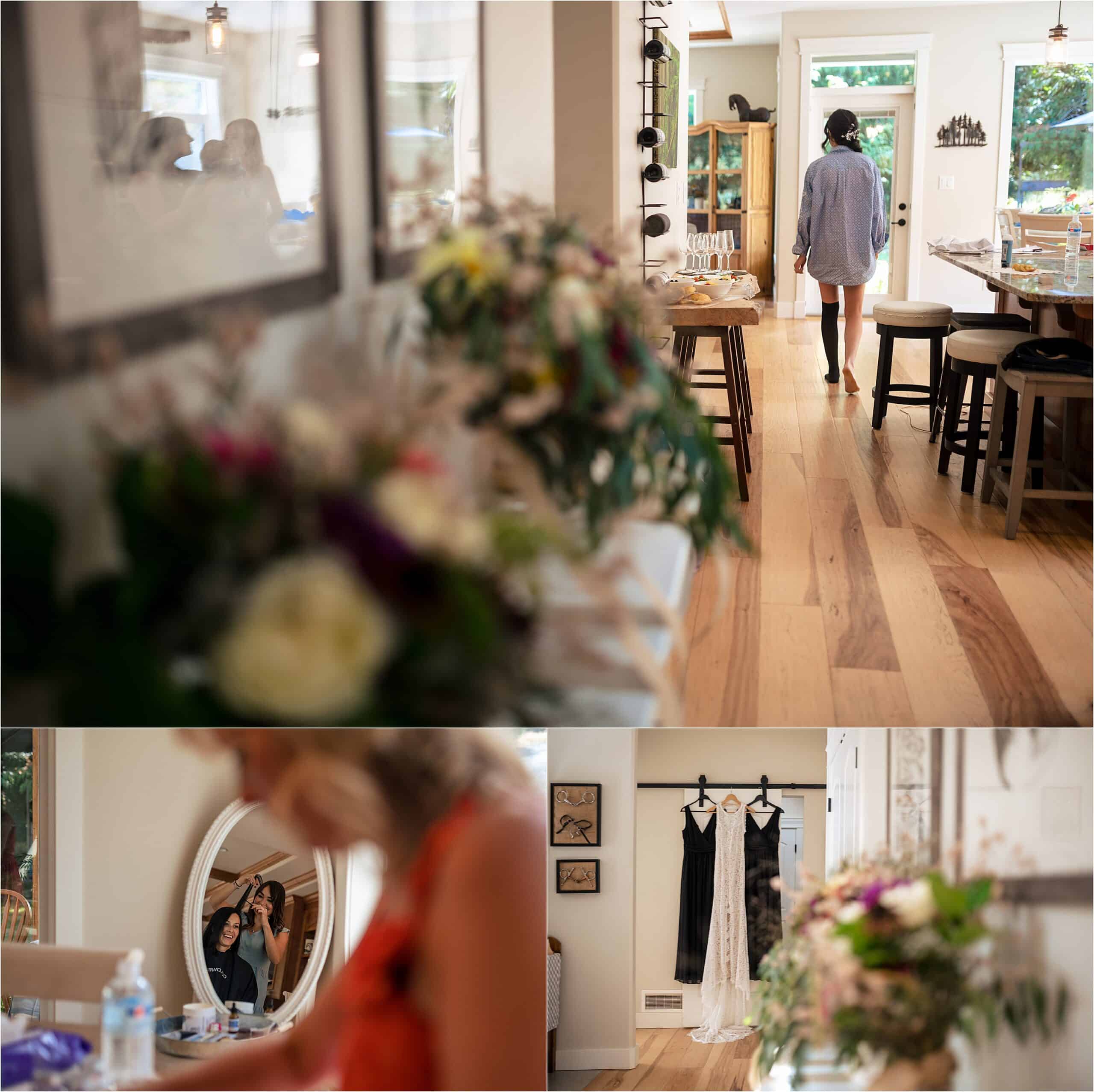 bride getting ready for her western wedding in parksville bc walks through a kitchen wearing a blue button up shirt and one sock
